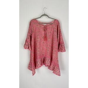 Naudic Womens Floral Hacienda Tunic Blouse Bell Sleeve Ruffled Size L Pink NWT